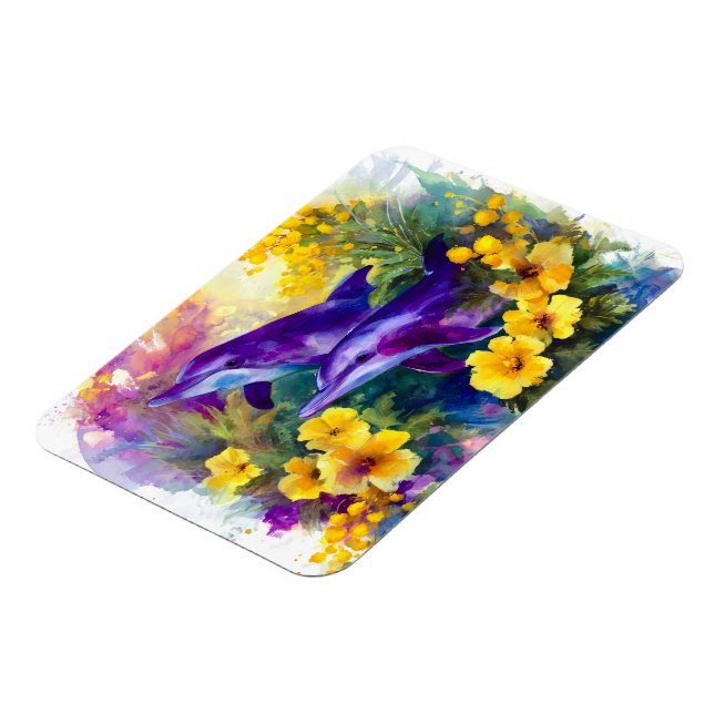 Magnet Flexible Aquarelle Océan Dauphins Fleurs Tropicales (Côté Gauche)