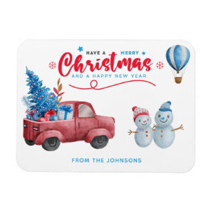 Magnet Flexible Aquarelle Rouge Camion de Noël Scène de Noël