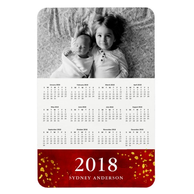 Magnet Flexible Aquarelle rouge et or | Calendrier photo 2018 (Vertical)