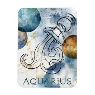 Magnet Flexible Aquarius zodiac bleu noir planètes texte or noir