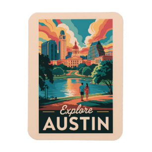 Magnet Flexible Austin Texas Skyline Travel Art Vintage