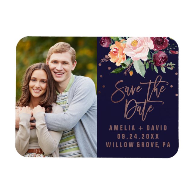 Magnet Flexible Automne Floral Rose Gold Enregistrer la date Photo (Horizontal)