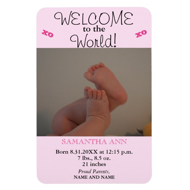 Magnet Flexible Baby Girl rose photo Faire-part de statistiques de (Vertical)