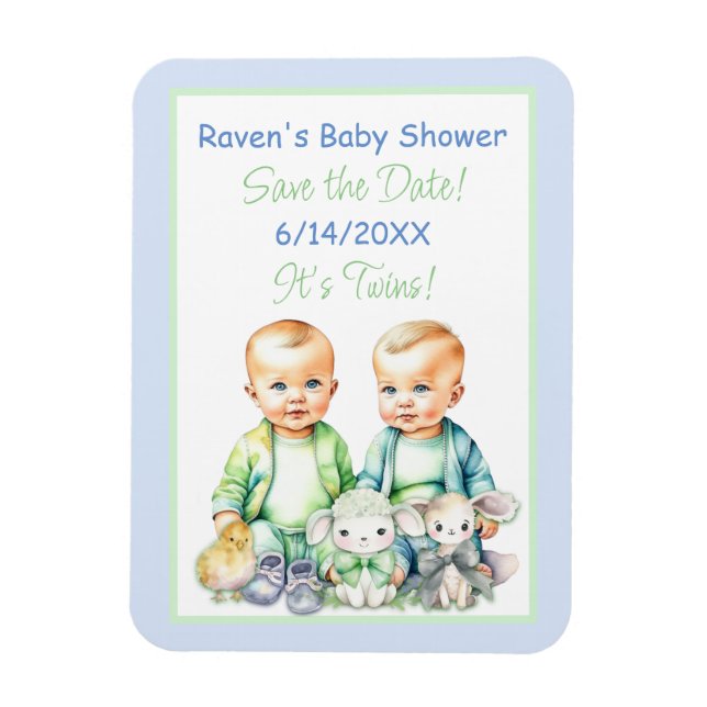 Magnet Flexible Baby shower Bleu et Vert Twin Boys Enregistrer la  (Vertical)