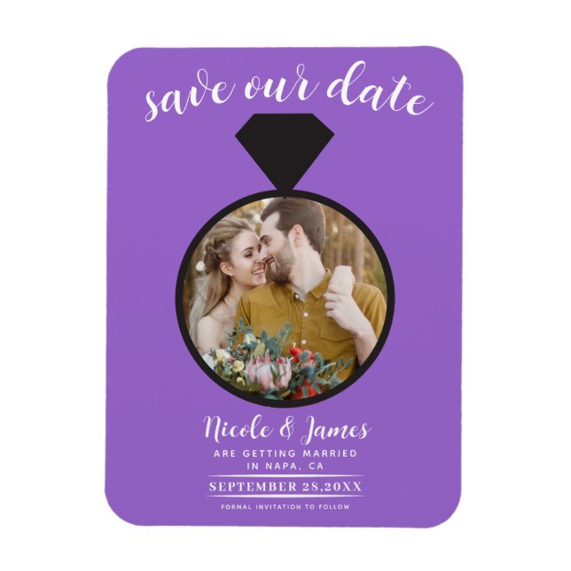 Magnet Flexible Bague de Mariage violet photo Enregistrer la date (Vertical)