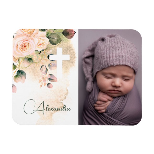 Magnet Flexible Baptême religieux baptême baptême photo Roses rose (Horizontal)
