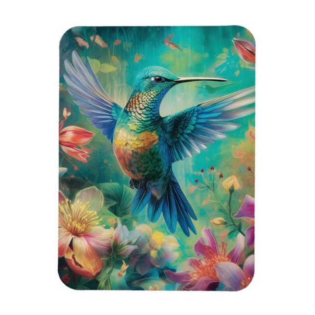 Magnet Flexible Beau colibri entouré de fleurs (Vertical)