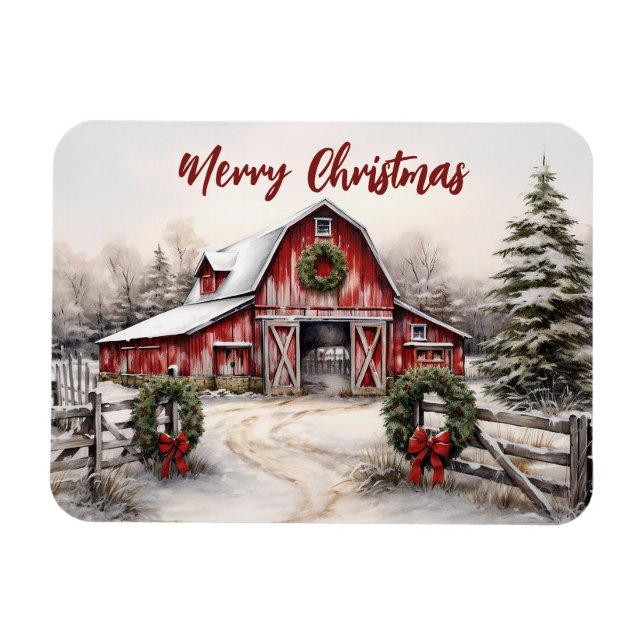 Magnet Flexible Beau hiver neigeux Rustic Red Grange Noël (Horizontal)