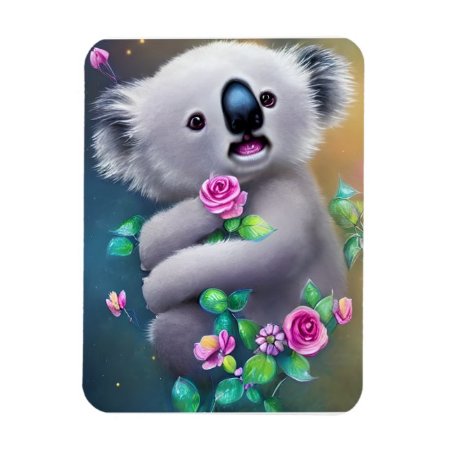 Magnet Flexible Bébé adorable Ours Koala avec fleurs (Vertical)