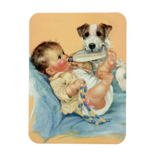 Magnet Flexible Bébé garçon mignon vintage avec biberon et chiot