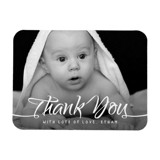Magnet Flexible Bébé Merci Photo personnalisée Chic Script à main (Horizontal)