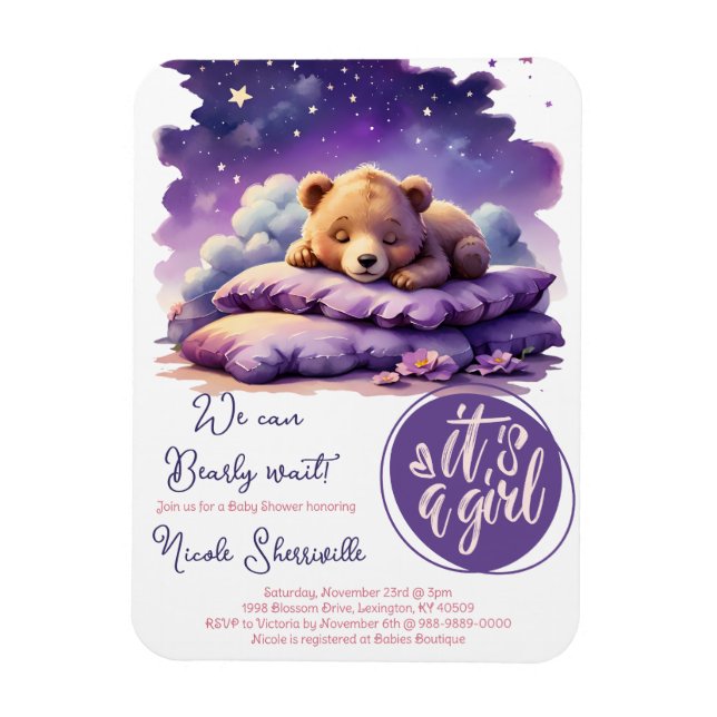 Magnet Flexible Bébé ours dormant violet Galaxy Baby shower fille (Vertical)