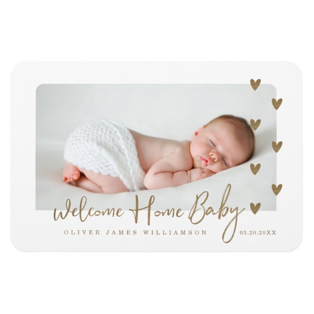 Magnet Flexible Bienvenue Accueil Bébé Moderne Minimal Gold Hearts (Horizontal)