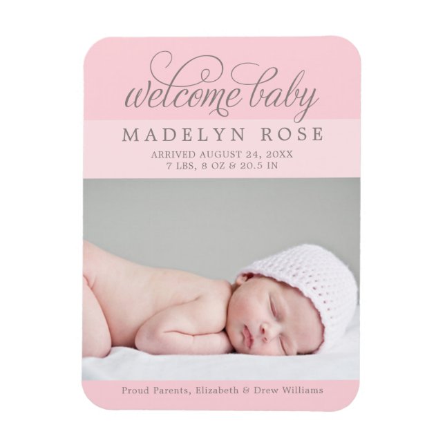 Magnet Flexible Bienvenue bébé fille | Élégante photo rose pâle à  (Vertical)