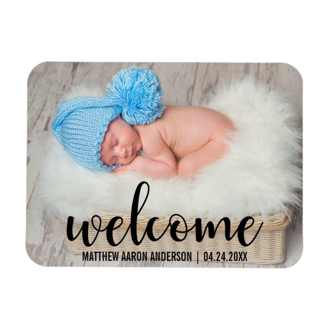 Magnet Flexible Bienvenue Nouveau Baby Modern Script (Horizontal)