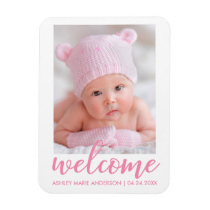 Magnet Flexible Bienvenue Nouveau Bébé Faire-part Pink Script