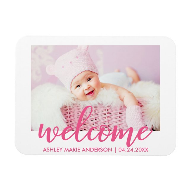 Magnet Flexible Bienvenue Nouveau bébé rose chaud (Horizontal)