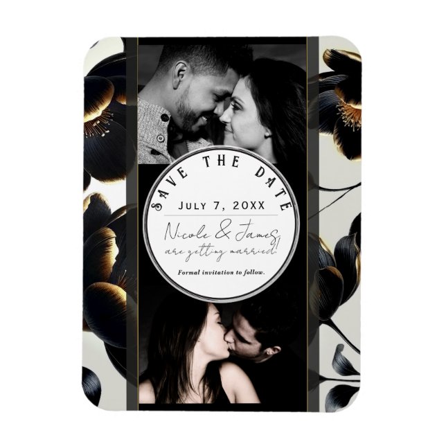 Magnet Flexible Black & Gold Floral Greige Mariage Enregistrer la  (Vertical)