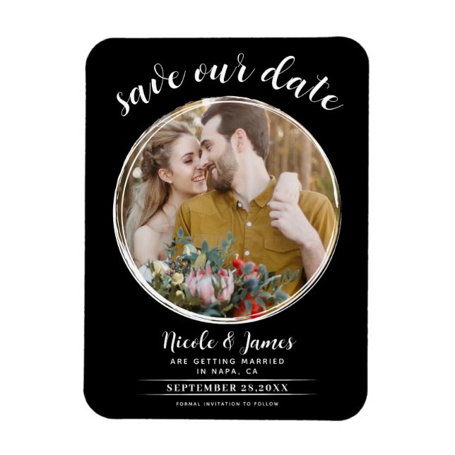 Magnet Flexible Black & White Modern Round Photo Enregistrer la da (Vertical)