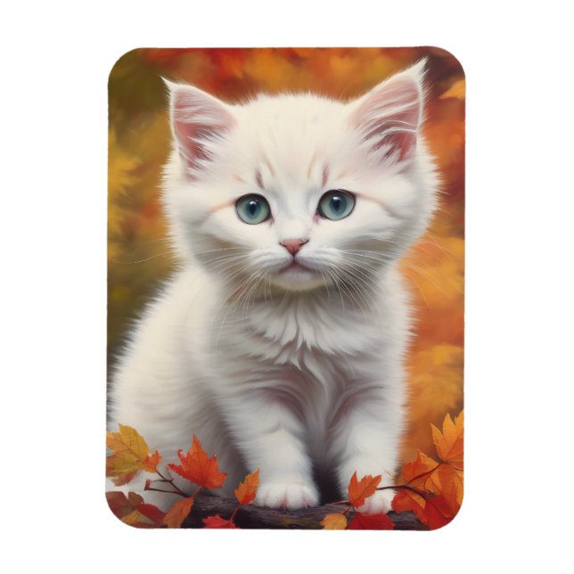 Magnet Flexible Blanc Kitten Automne Feuilles Portrait (Vertical)