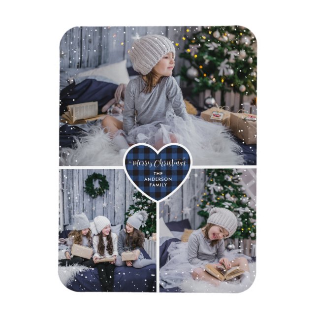 Magnet Flexible Bleu Buffalo Plaid Coeur Photo Joyeux Noël (Vertical)