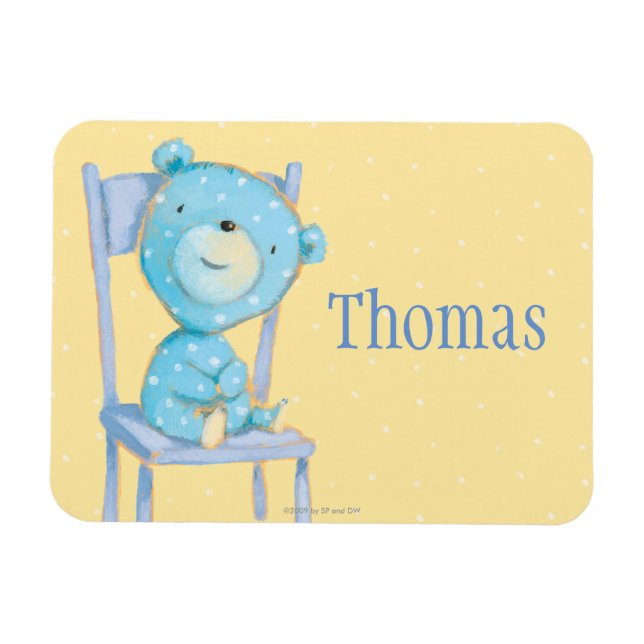 Magnet Flexible Bleu Calico Ours sourire sur la chaise (Horizontal)