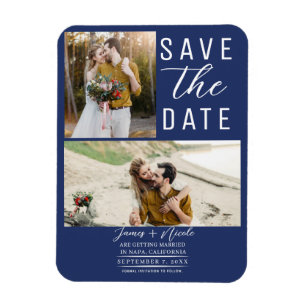 Magnet Flexible Bleu Moderne 2 Photos Enregistrez la Date Mariage