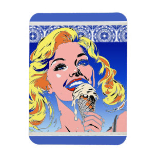 Magnet Flexible Blonde Mangeant une Glace Style Pop Art Coloré des