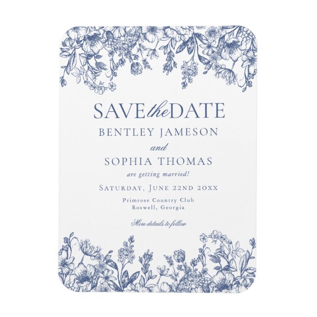 Magnet Flexible Blue Chinoiserie Vintage Floral Save the Date Card (Vertical)