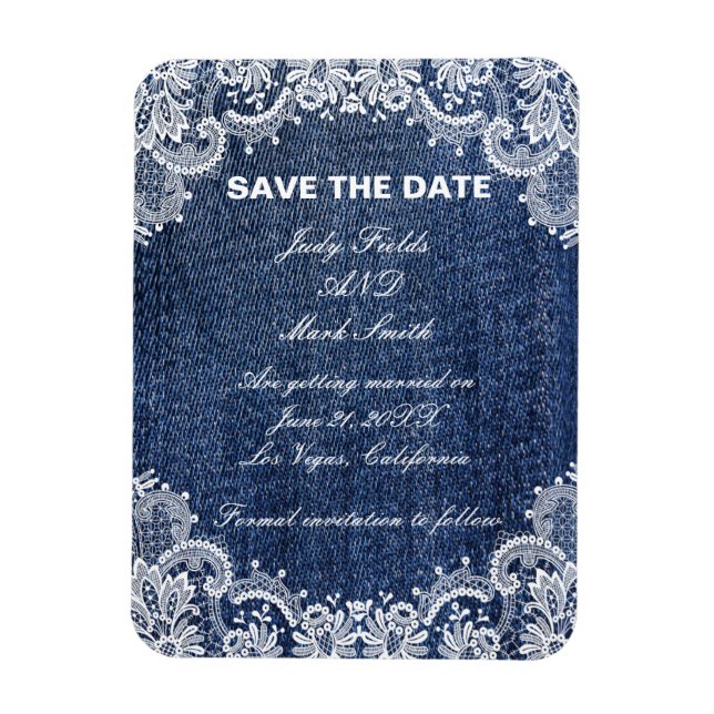 Magnet Flexible Blue Jean Denim Et Dentelle Enregistrer La Date (Vertical)