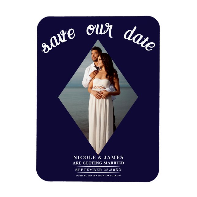 Magnet Flexible Blue Minimal Diamond Photo Wedding Enregistrer la  (Vertical)