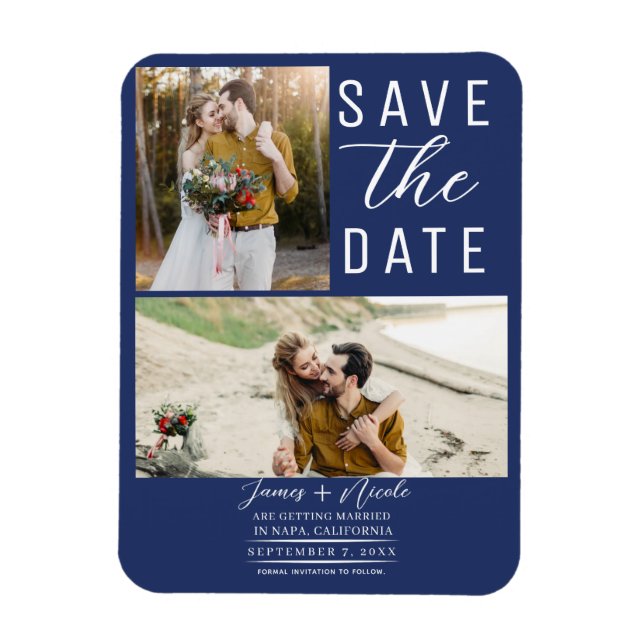 Magnet Flexible Blue Modern 2 Photos Enregistrer la date Mariage (Vertical)