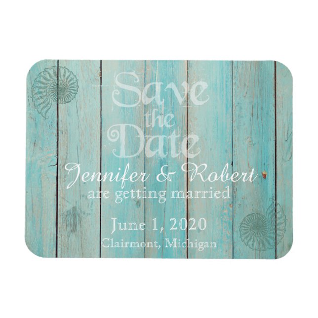 Magnet Flexible Blue Seashell sur Wood Beach Mariage Enregistrer l (Horizontal)