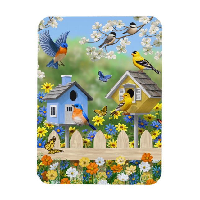Magnet Flexible Bluebirds Goldfinches Birdhouses Jardin aux fleurs (Vertical)