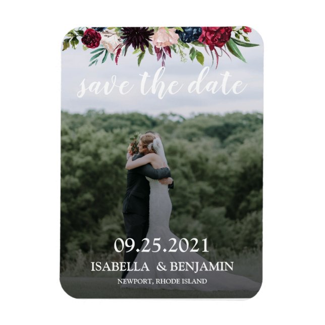 Magnet Flexible Blush Burgundy Navy Blue Floral Élégant Photo Enre (Vertical)