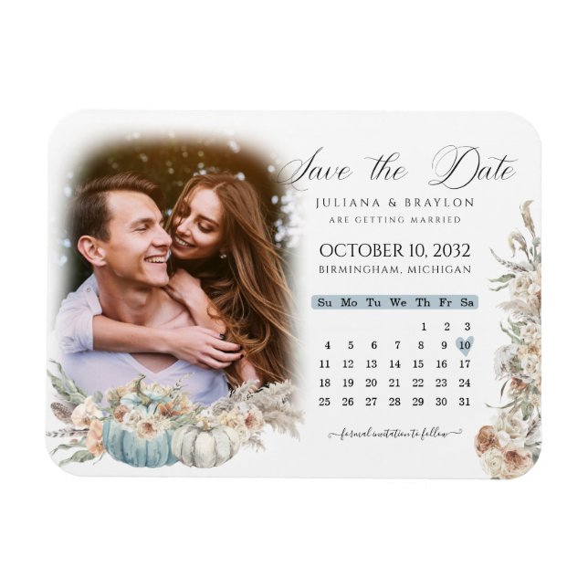 Magnet Flexible Boho bleu Citrouilles & séché Floral Calendrier &  (Horizontal)