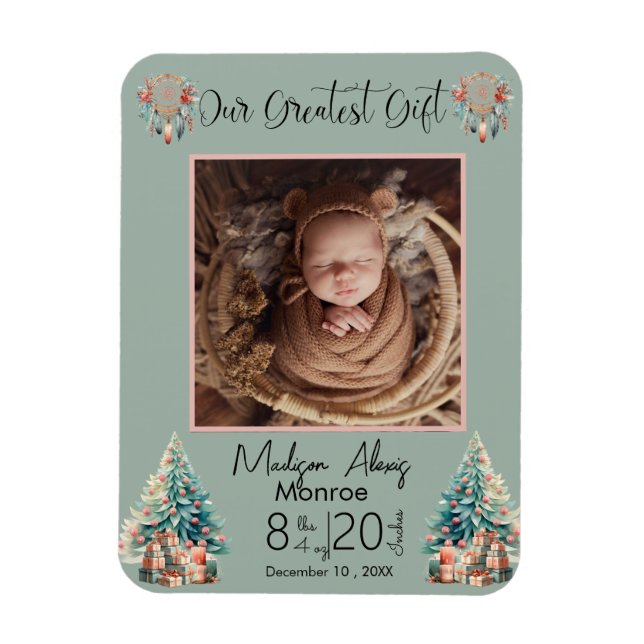 Magnet Flexible Boho Christmas Baby Stats Faire-part de naissance (Vertical)