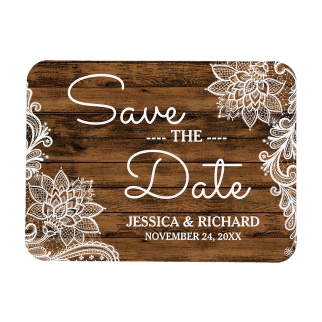 Magnet Flexible Bois rustique et dentelle | Enregistrer la date (Horizontal)