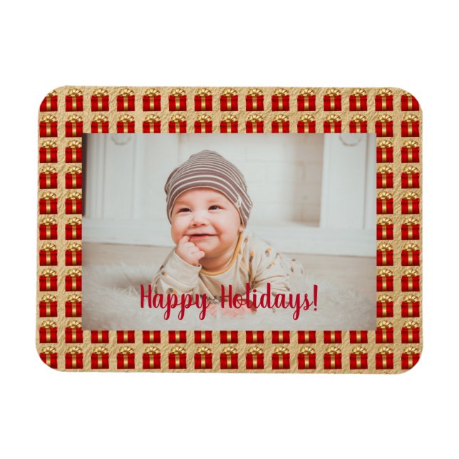 Magnet Flexible Boîte cadeau de Noël Rouge et Or personnalisée (Horizontal)