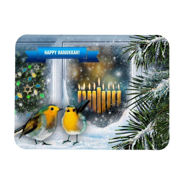 Magnet Flexible Bonne Hanoukka. Scène de fenêtre de neige avec Men (Horizontal)