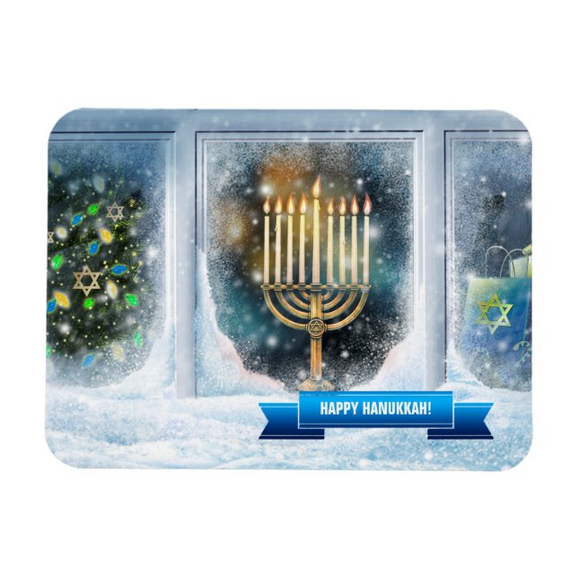 Magnet Flexible Bonne Hanoukka. Scène de neige avec Menorah (Horizontal)