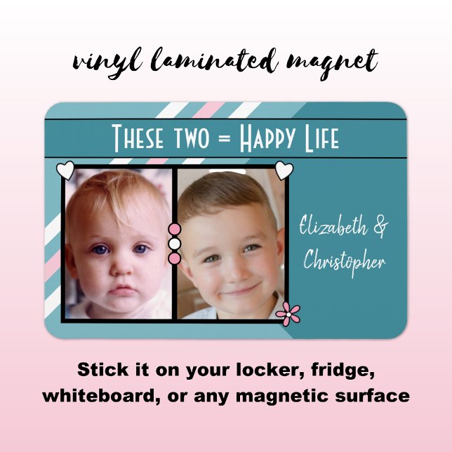 Magnet Flexible Bonne vie ajouter 2 photos et noms rose turquoise (Créateur téléchargé)
