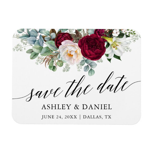 Magnet Flexible Bourgogne Floral Sauvez la date Verdure (Horizontal)