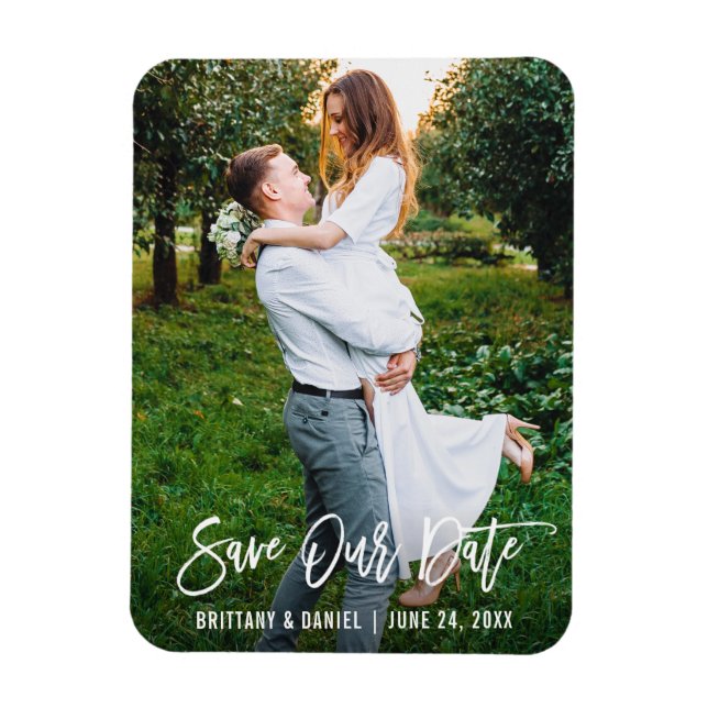 Magnet Flexible Brosse moderne Script Couple Photo Économisez Notr (Vertical)