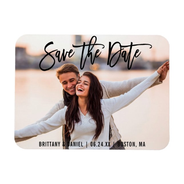 Magnet Flexible Brosse Script Enregistrer La Date Couple Photo B (Horizontal)