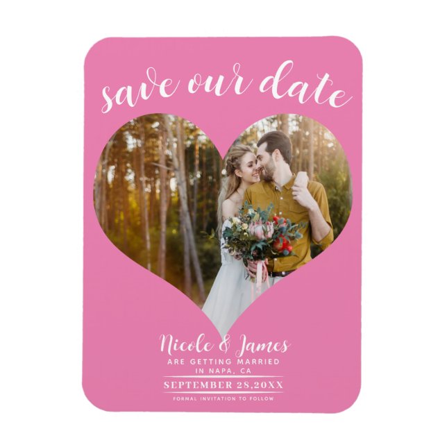 Magnet Flexible Bubblegum Pink Heart Photo Wedding Enregistrer la  (Vertical)