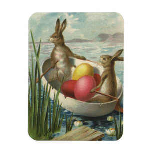 Magnet Flexible Bunnies vintages en Bateau, Aimer les voeux de Pâ