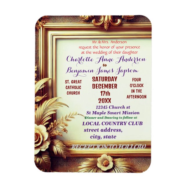 Magnet Flexible Cadre botanique floral doré 3D (Vertical)