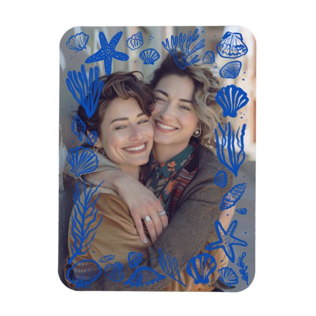Magnet Flexible Cadre de coquillages bleus Photo personnalisée (Vertical)
