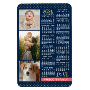 Magnet Flexible Calendrier 2026 Navy Coral Or Collage Photo de Fam
